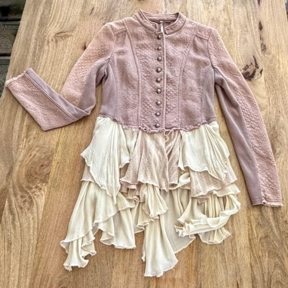 Free People Victorian Military Jacket Ruffle Mauve Steampunk Grunge Distressed 0